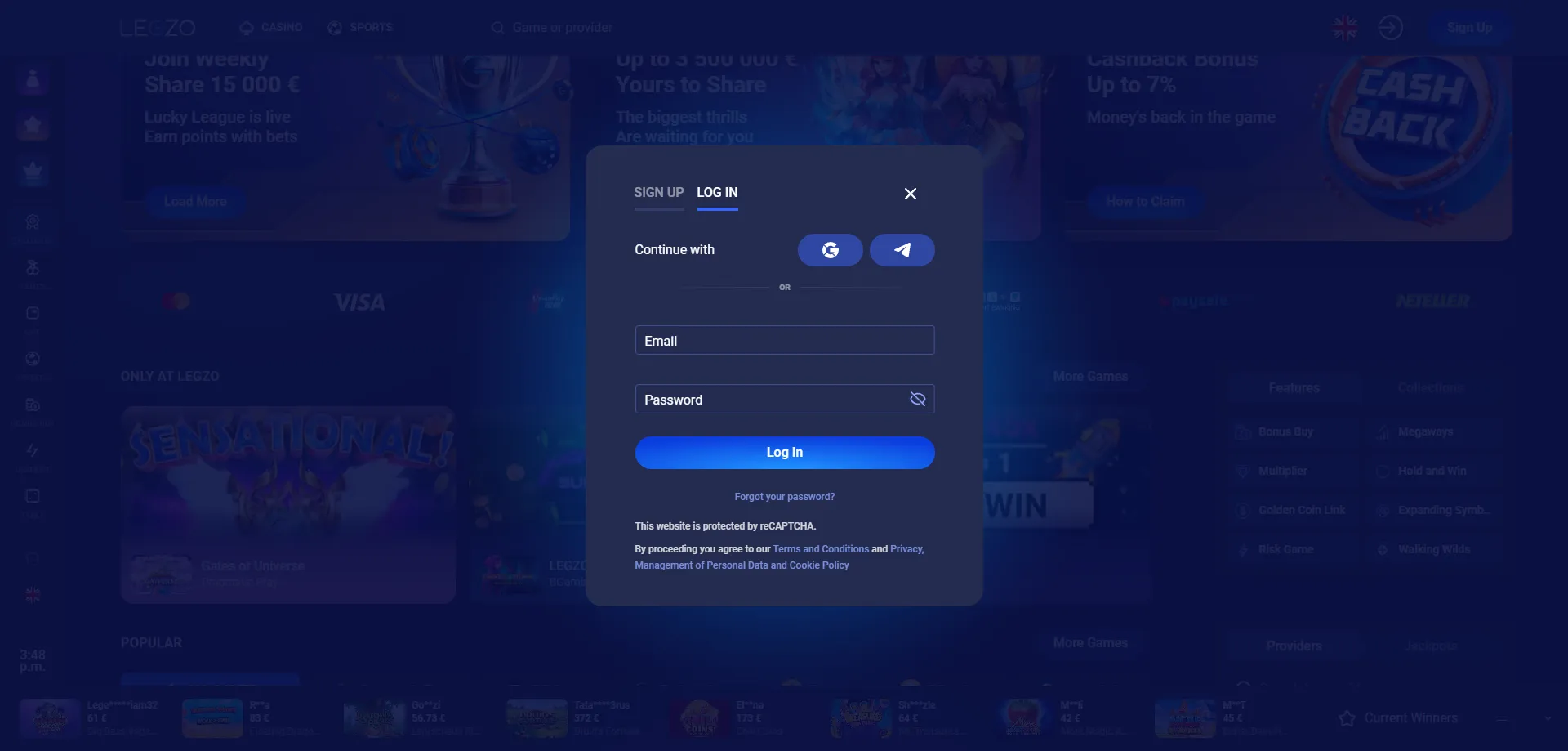 Legzo Casino konto sisselogimine ja kasutajakogemus