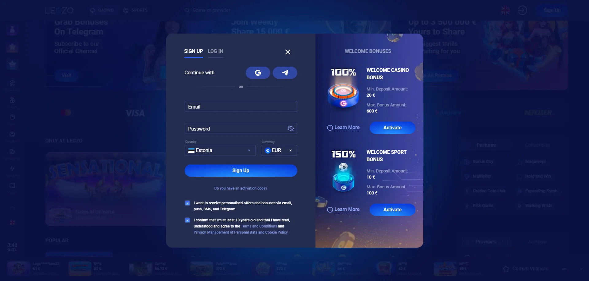 Legzo Casino registreerimine – uue konto avamine Eestis
