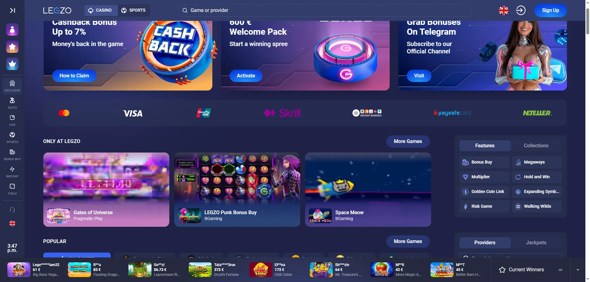 Legzo Casino sissemaksed ja väljamaksed – makseviisid Eestis